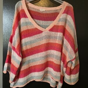POL Women's V-Neck Sweater - Pink, Orange, Gray Stripes M
